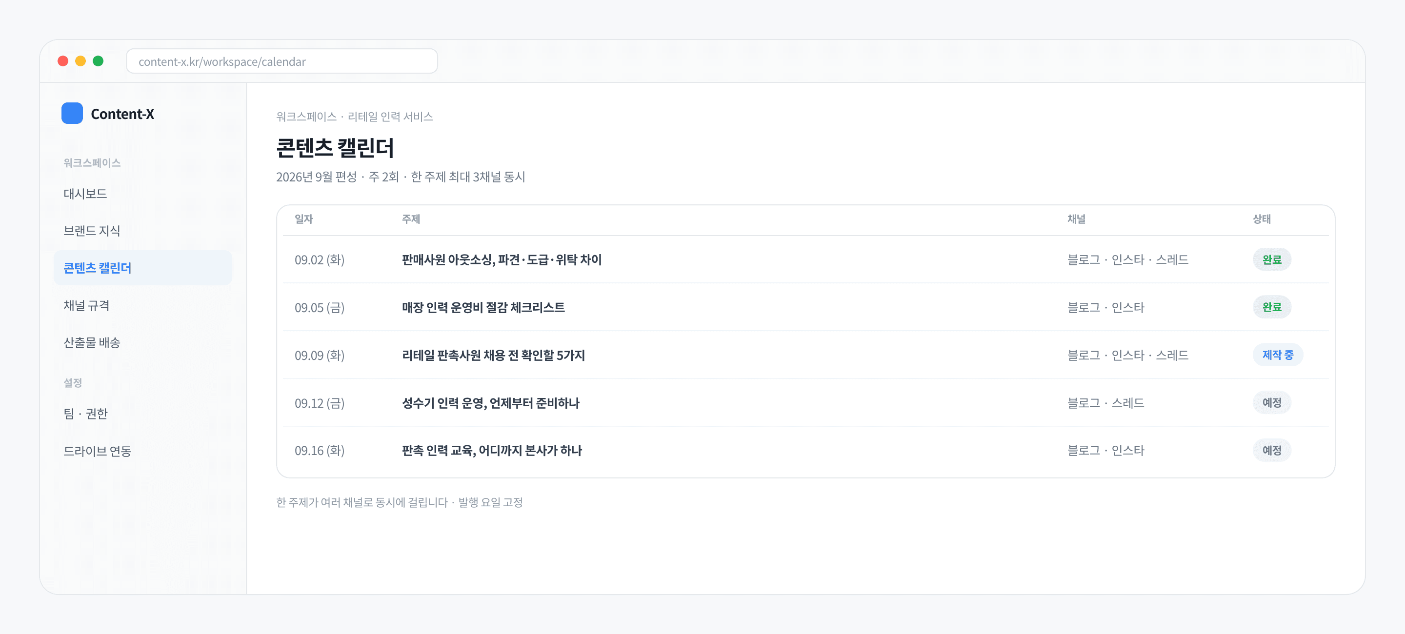 콘텐츠 캘린더 화면 — 날짜별 주제와 채널, 진행 상태가 한 표에 정리된 모습