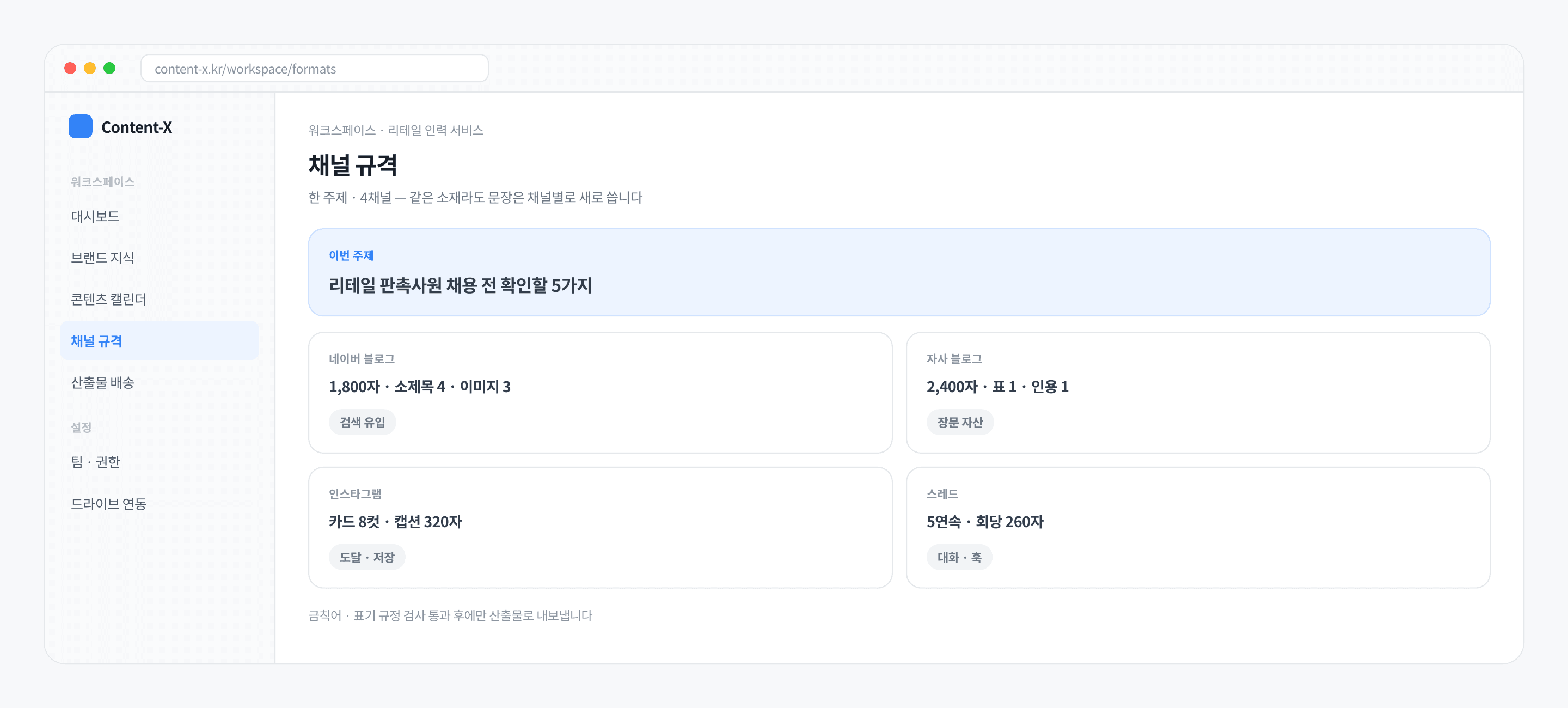 채널 규격 화면 — 한 주제가 네 채널의 분량과 형식으로 나뉜 모습